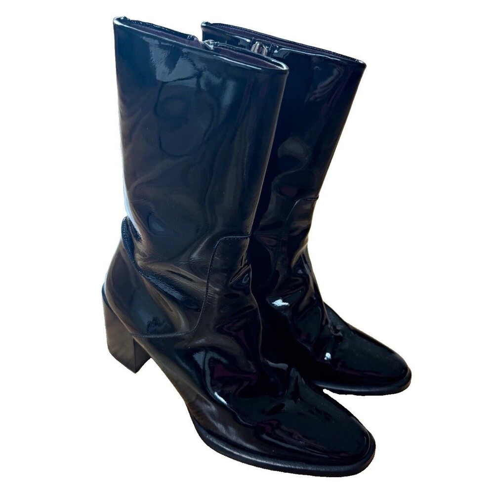 Etienne Aigner Tyler Women 8.5M Black Patent Leather Mid-Calf Side Zip Boots